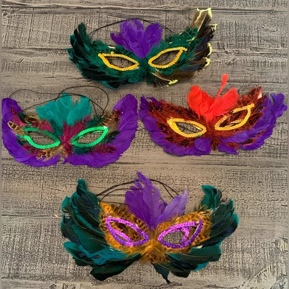 Mardi Gras Masks, 8 Feathered Sequin Elastic Band, Colorful Cute Bright Colors